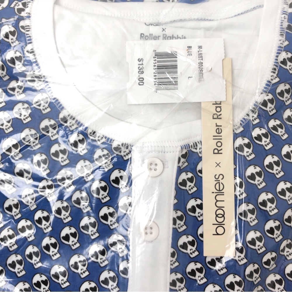 Bloomies x Roller Rabbit Blue White Heart Skull Pima Cotton Pajama Top Pant Set - Picture 7 of 7